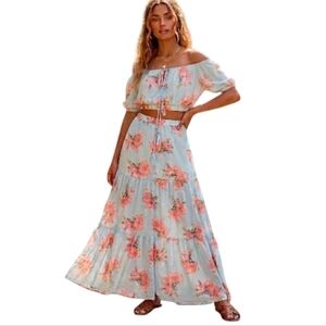Two-Piece Floral Crop Top & Maxi Skirt Set in Pale Blue and Pink